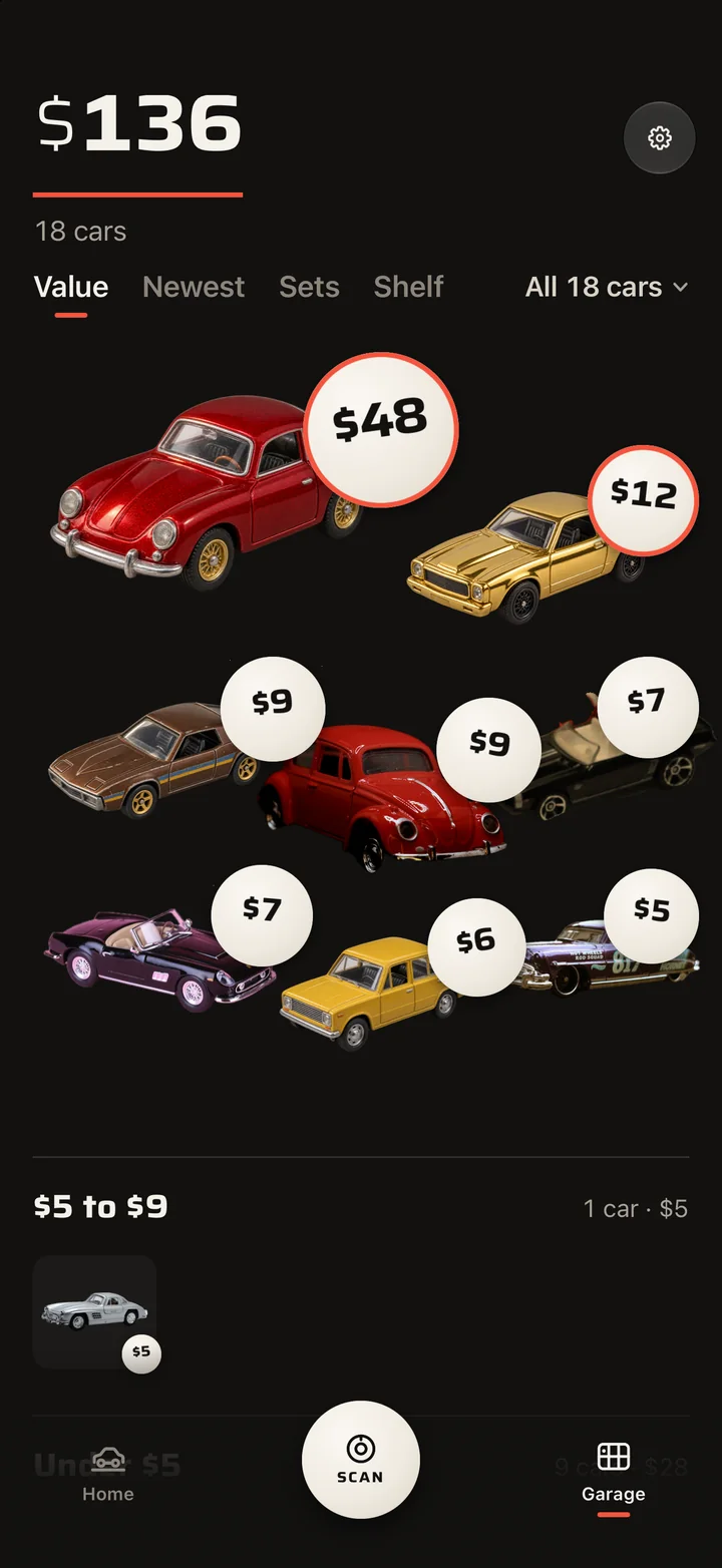 The Garage in Castly: cars laid out on a table, each with a sticker showing what it sold for.