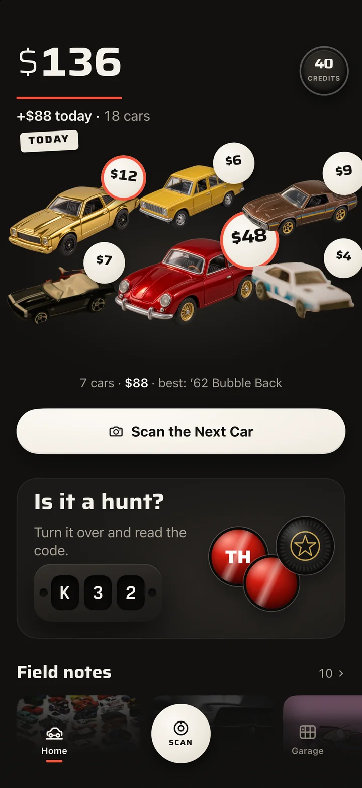 Castly's Home screen: a collection worth 136 dollars, the day's cars each with a price sticker.