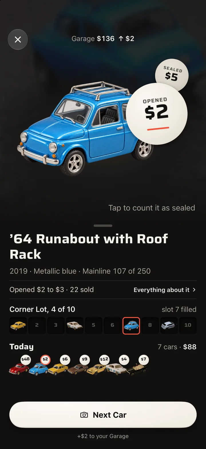 The answer to a scan: a blue runabout with a roof rack, named, with its year, its series and what it sold for.